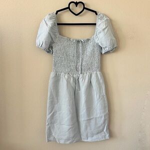Guess x Marciano Blue Smocked Puff Sleeves Linen Blend Mini Dress S